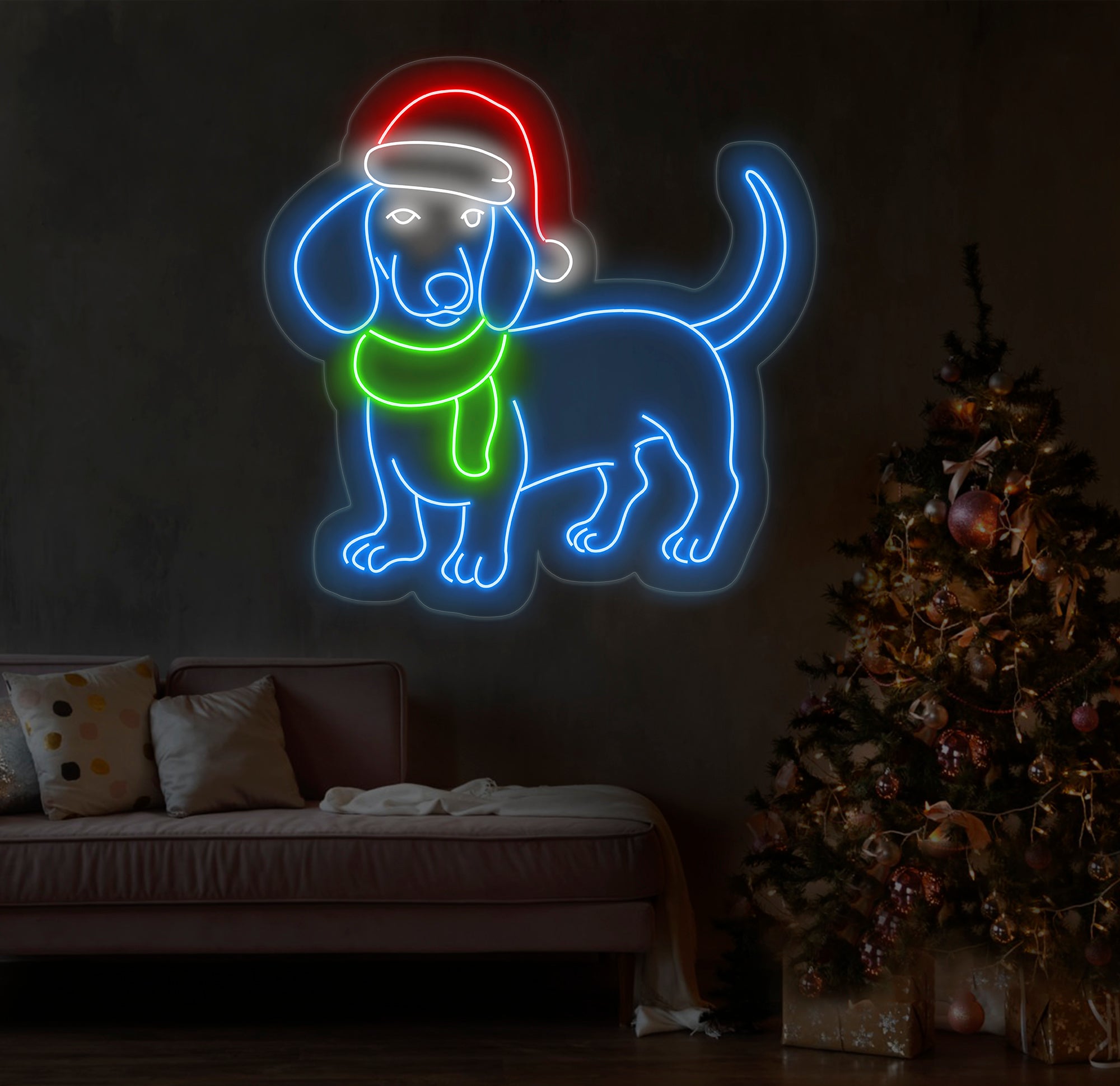 Funny Christmas Dachshund Neon Sign - Merry Christmas LED Light - Dachshund Christmas Tree Wall Art - Festive House Wall Decor