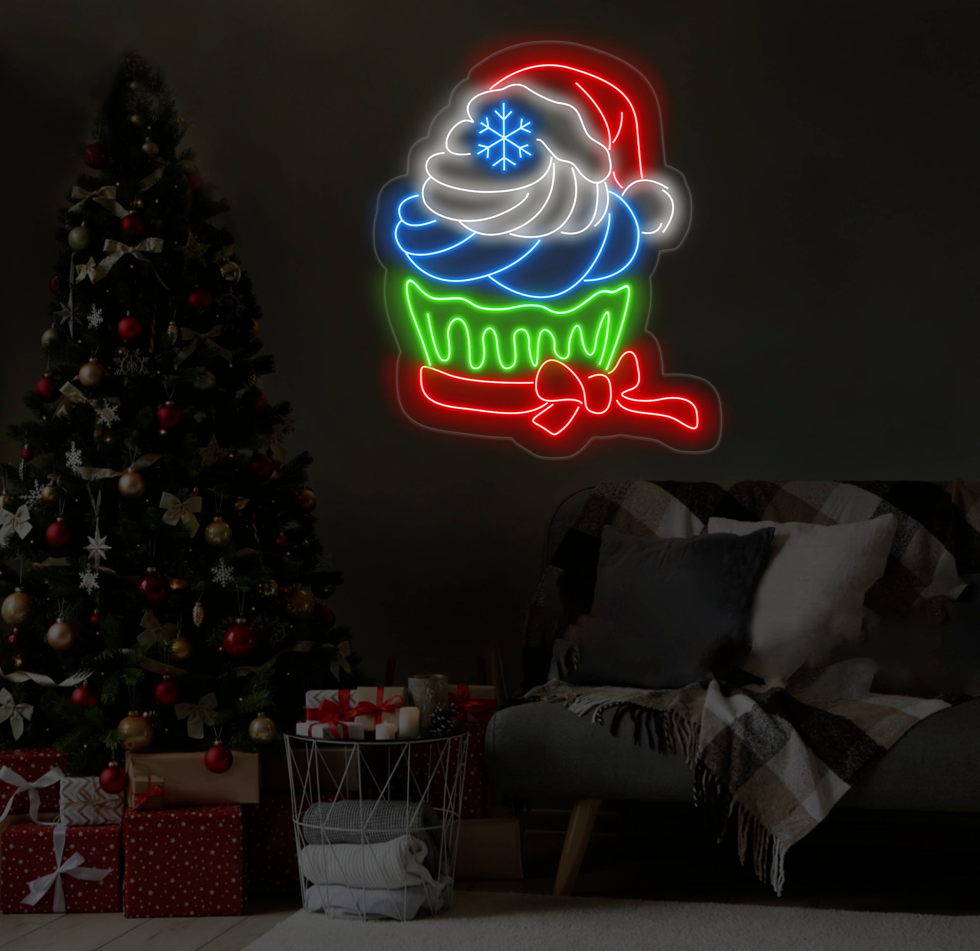 Christmas Cupcake Neon Sign, Festive Dessert LED Light, Custom Holiday Cupcake Neon Art, Santa Hat Neon Wall Light, Holiday Decor