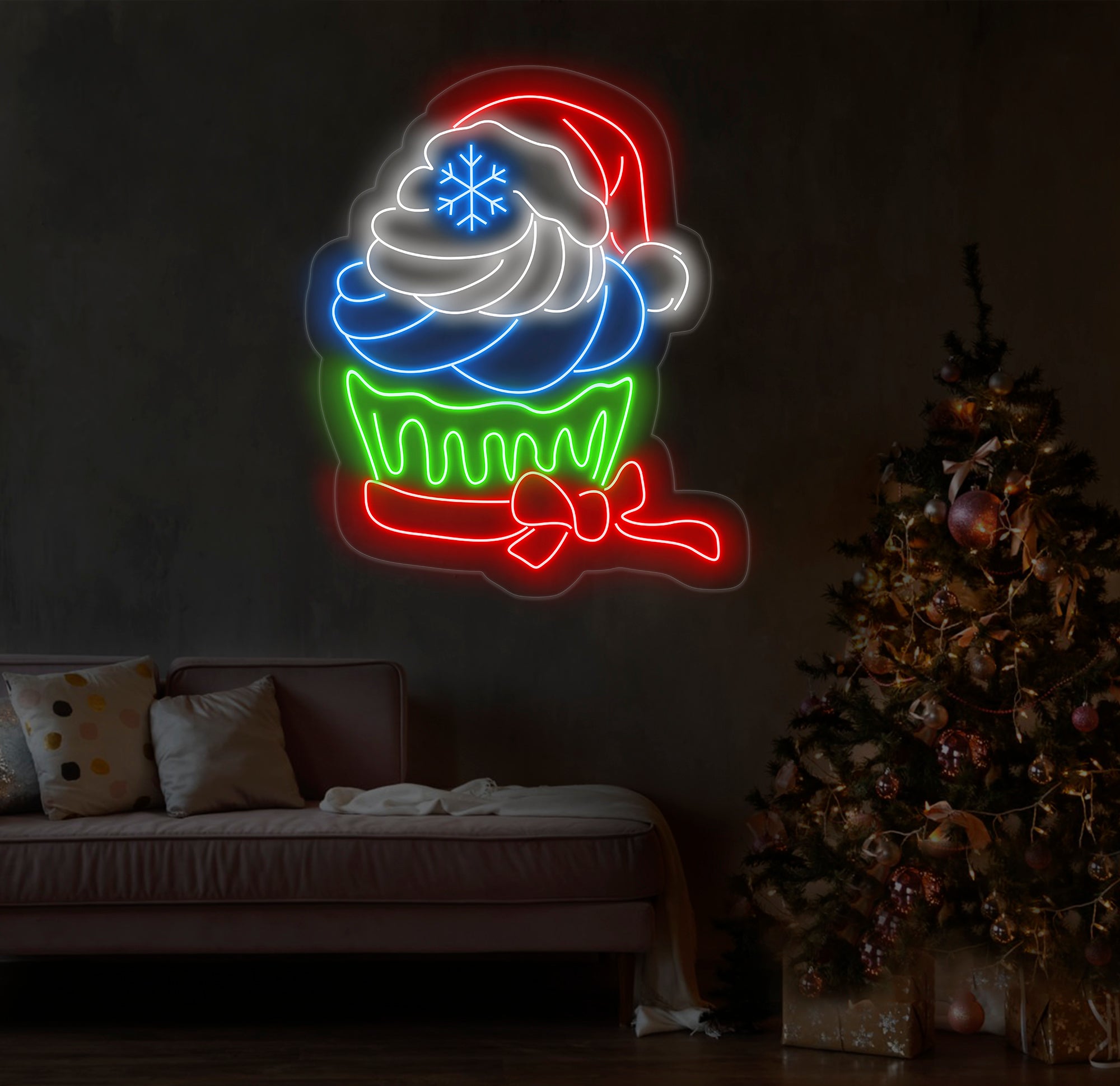 Christmas Cupcake Neon Sign, Festive Dessert LED Light, Custom Holiday Cupcake Neon Art, Santa Hat Neon Wall Light, Holiday Decor