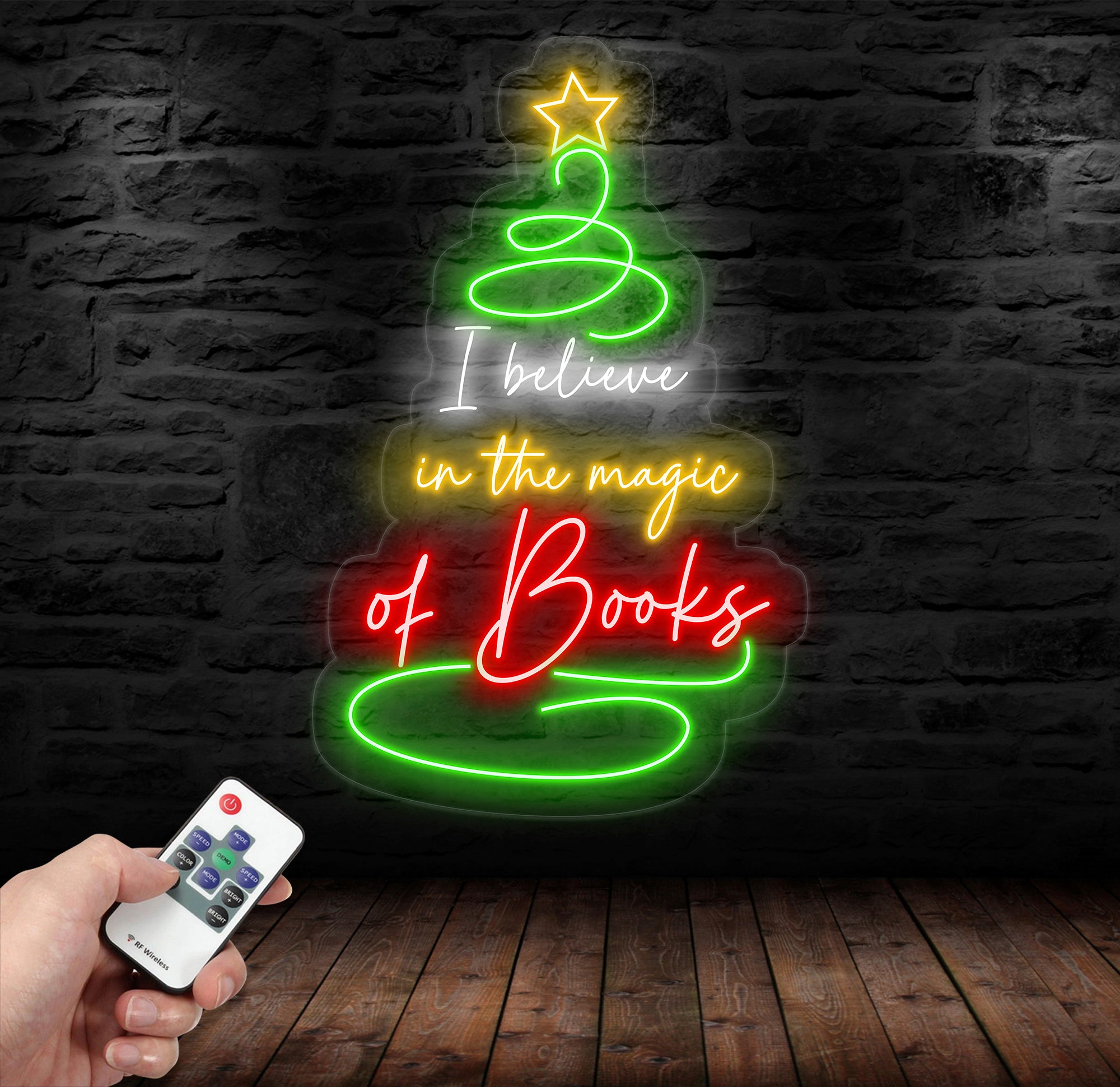 I Believe in the Magic of Books Neon Sign, Christmas Tree Shaped Book Lover LED Light, Custom Holiday Book Sign, Gift for Readers