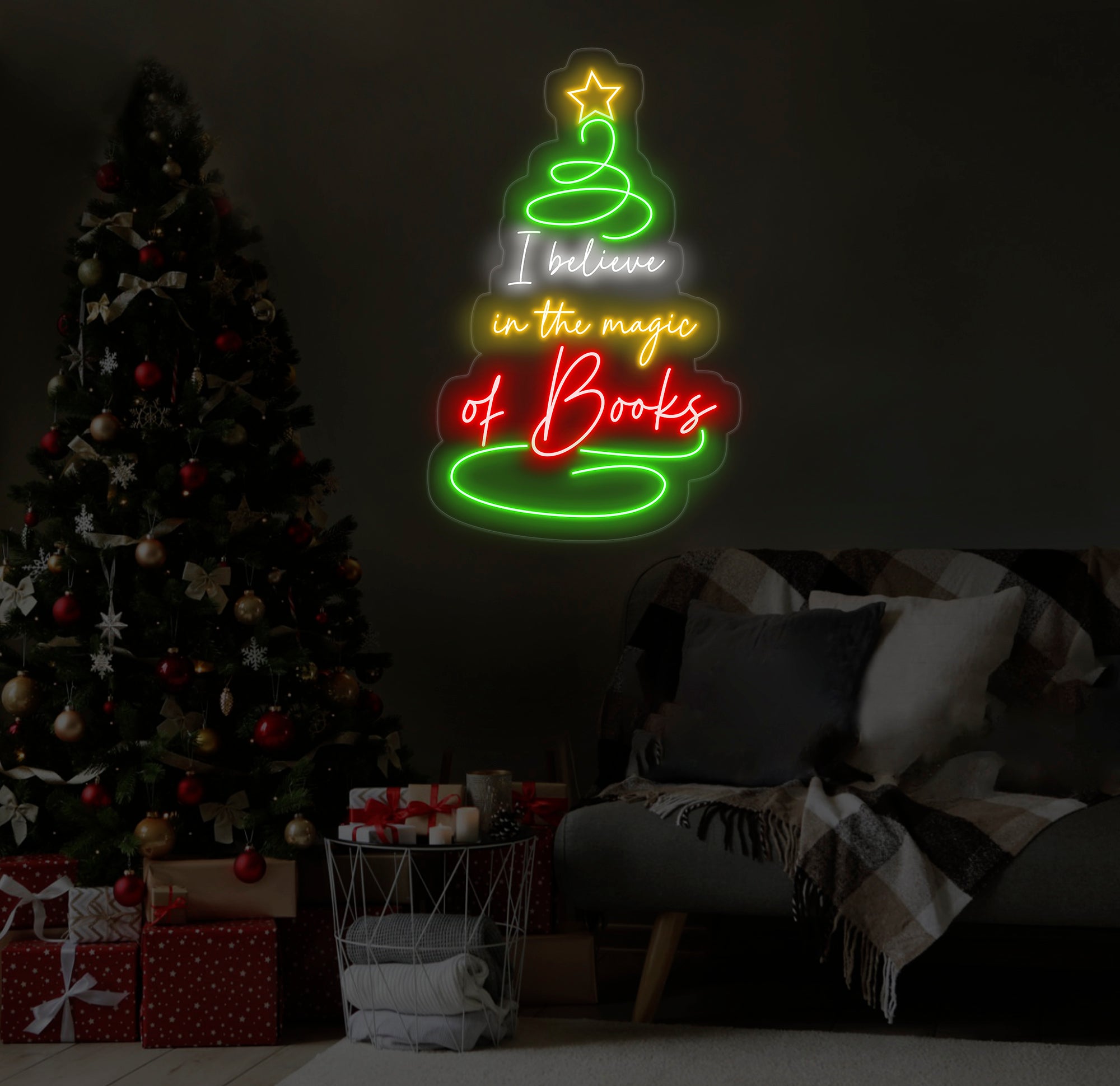 I Believe in the Magic of Books Neon Sign, Christmas Tree Shaped Book Lover LED Light, Custom Holiday Book Sign, Gift for Readers
