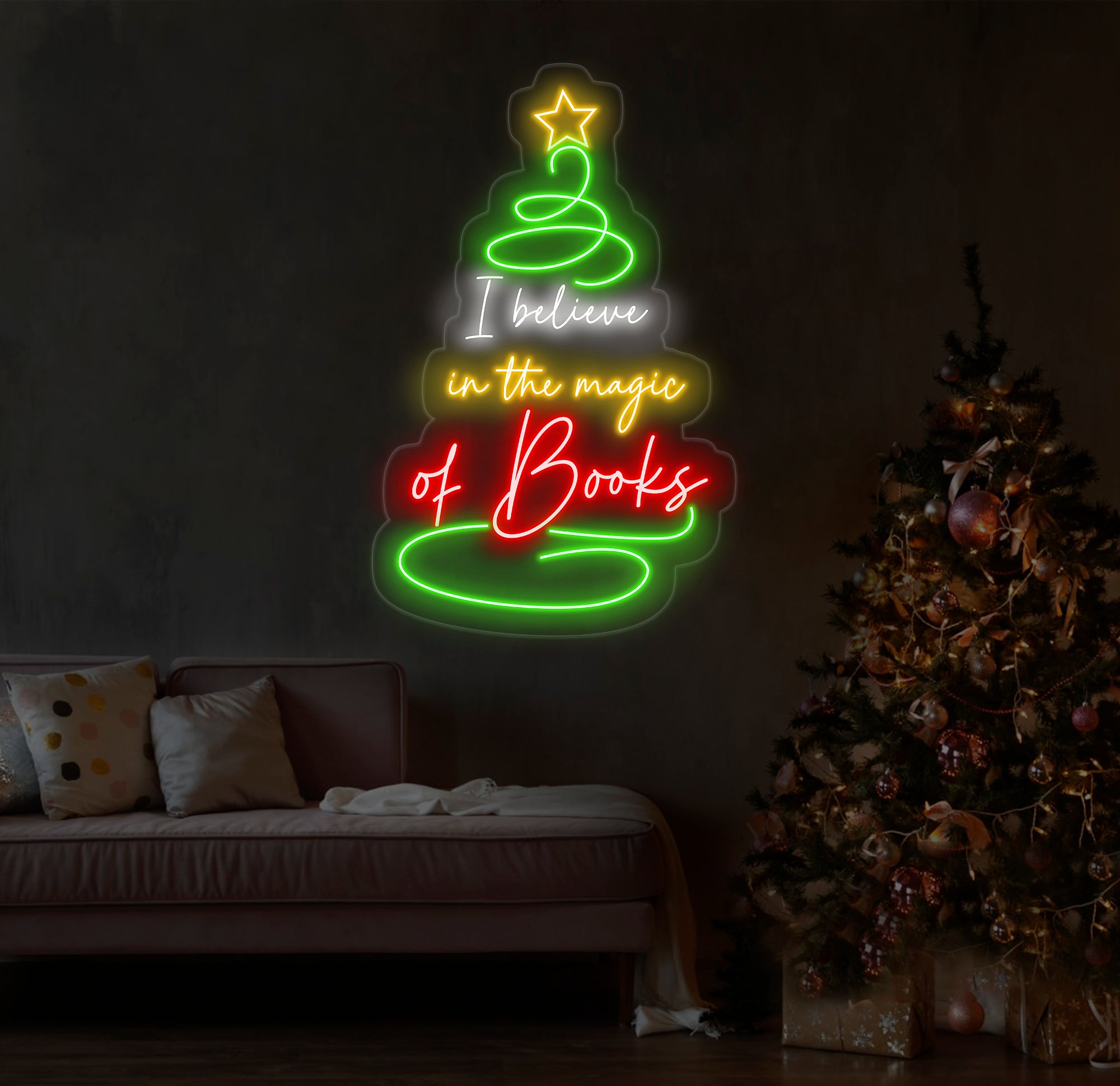 I Believe in the Magic of Books Neon Sign, Christmas Tree Shaped Book Lover LED Light, Custom Holiday Book Sign, Gift for Readers