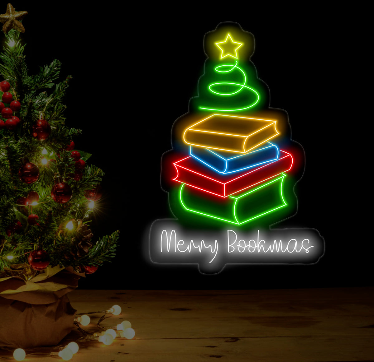 Merry Bookmas Neon Sign - Books Christmas Tree LED Light, Merry Christmas Neon Sign, Festive Wall Art, Book Lover Holiday Home Decor