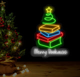 Merry Bookmas Neon Sign - Books Christmas Tree LED Light, Merry Christmas Neon Sign, Festive Wall Art, Book Lover Holiday Home Decor
