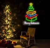 Merry Bookmas Neon Sign - Books Christmas Tree LED Light, Merry Christmas Neon Sign, Festive Wall Art, Book Lover Holiday Home Decor