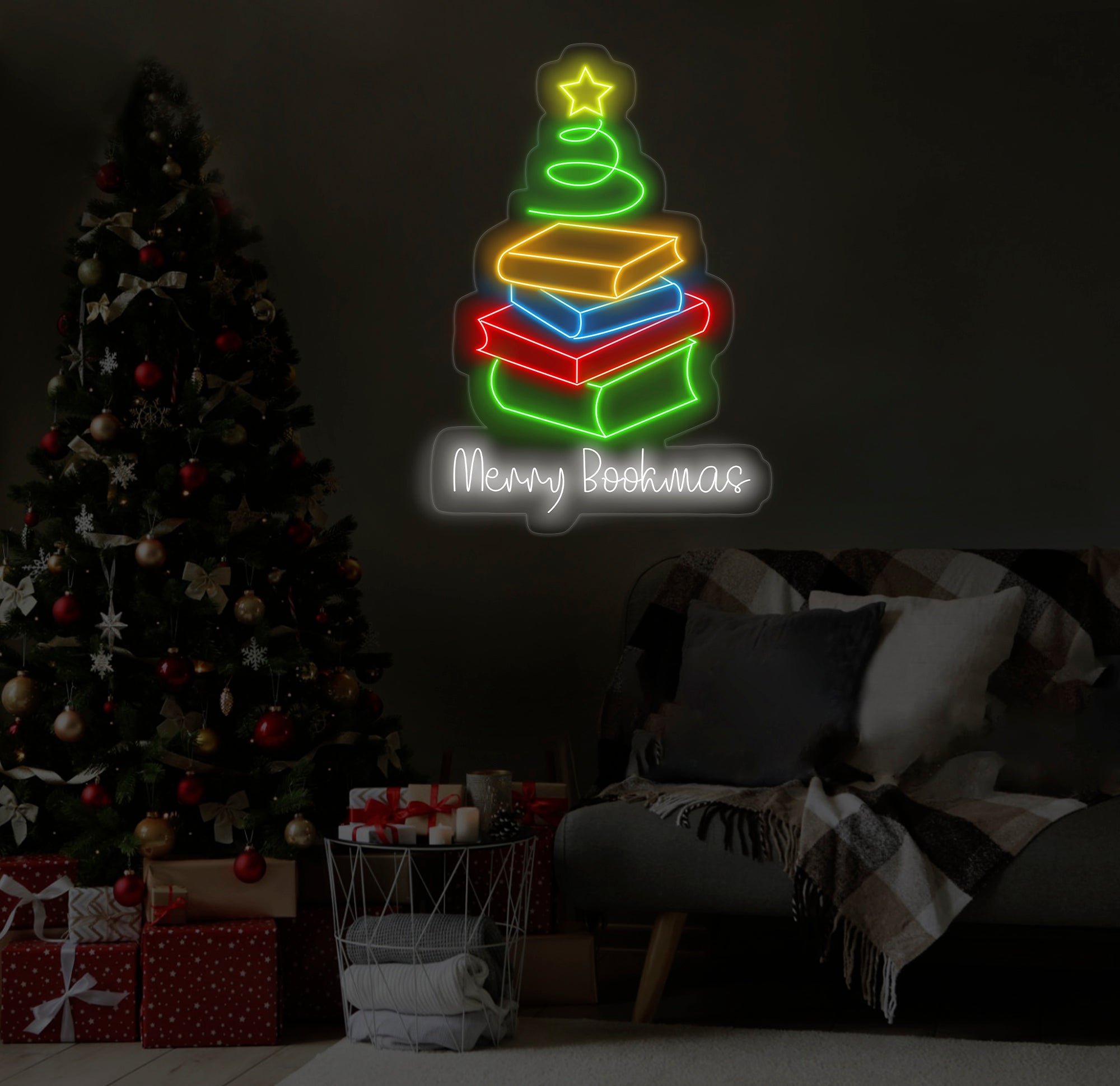 Merry Bookmas Neon Sign - Books Christmas Tree LED Light, Merry Christmas Neon Sign, Festive Wall Art, Book Lover Holiday Home Decor