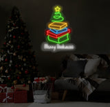 Merry Bookmas Neon Sign - Books Christmas Tree LED Light, Merry Christmas Neon Sign, Festive Wall Art, Book Lover Holiday Home Decor
