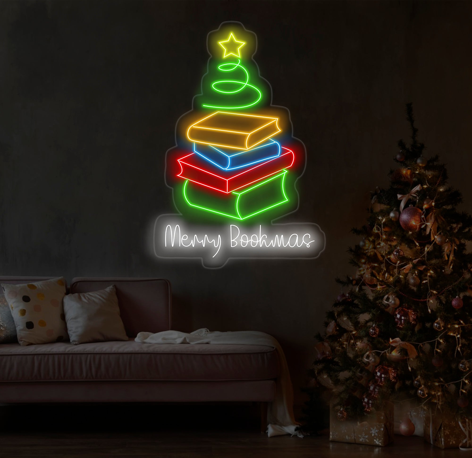 Merry Bookmas Neon Sign - Books Christmas Tree LED Light, Merry Christmas Neon Sign, Festive Wall Art, Book Lover Holiday Home Decor