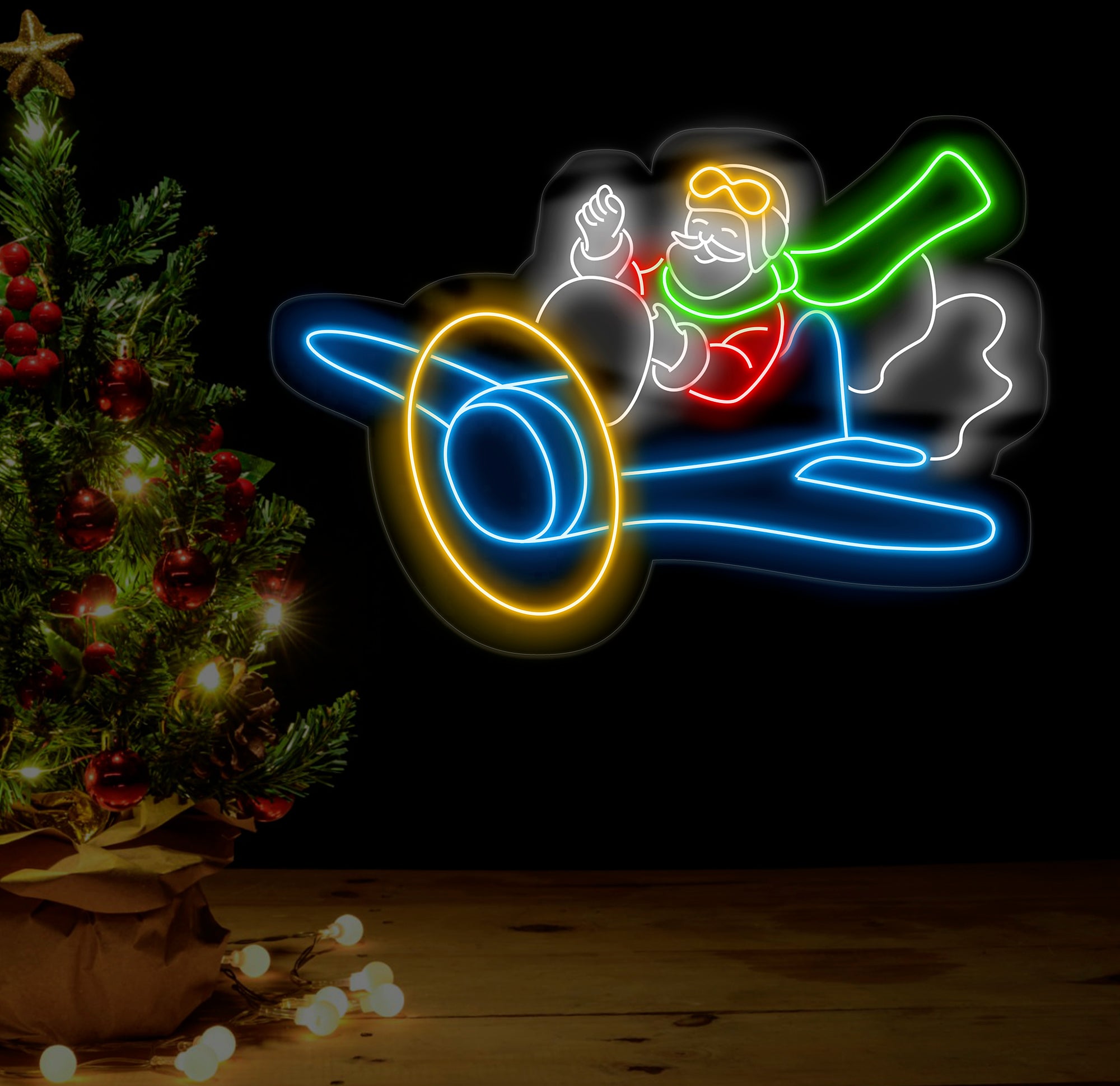 Santa Flying Red Airplane Neon Sign - Merry Christmas LED Sign, Santa Claus Wall Art, Festive LED Light, Christmas House Wall Decor