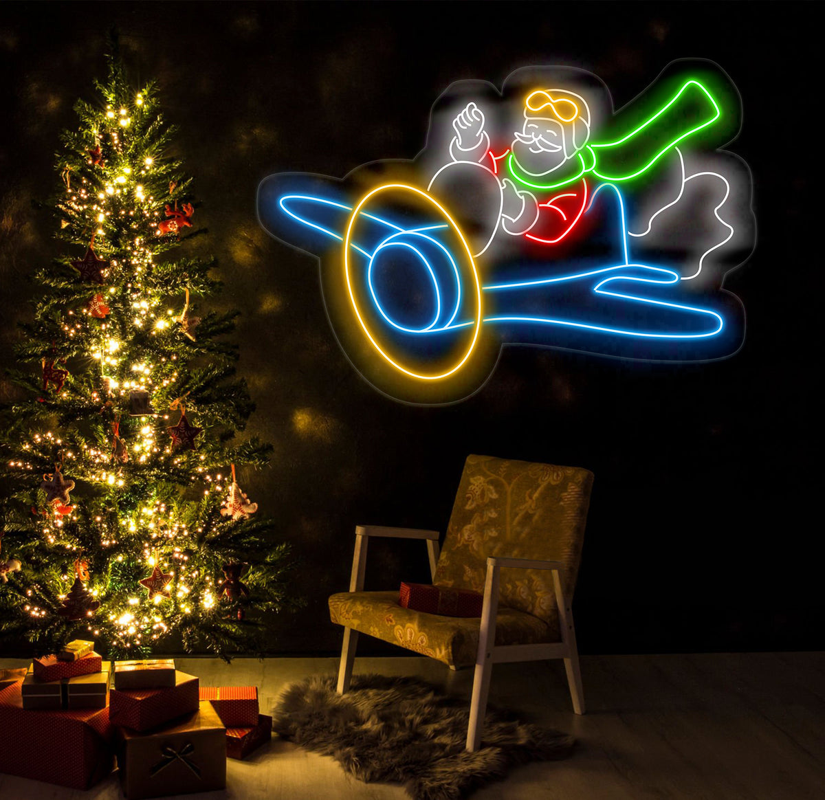 Santa Flying Red Airplane Neon Sign - Merry Christmas LED Sign, Santa Claus Wall Art, Festive LED Light, Christmas House Wall Decor