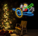 Santa Flying Red Airplane Neon Sign - Merry Christmas LED Sign, Santa Claus Wall Art, Festive LED Light, Christmas House Wall Decor