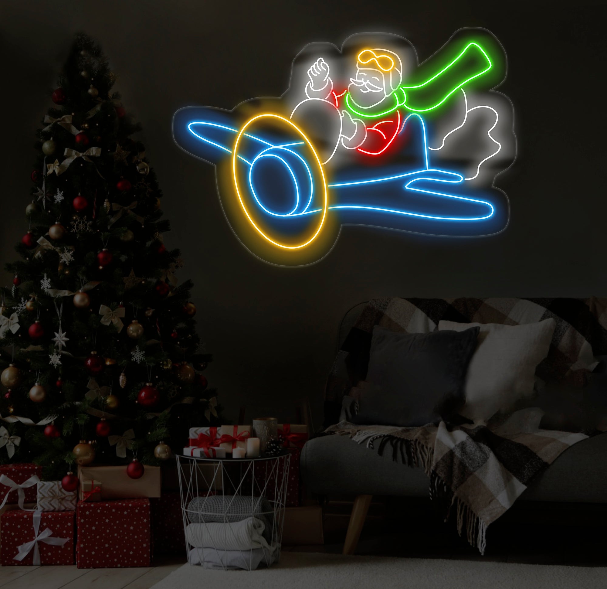 Santa Flying Red Airplane Neon Sign - Merry Christmas LED Sign, Santa Claus Wall Art, Festive LED Light, Christmas House Wall Decor