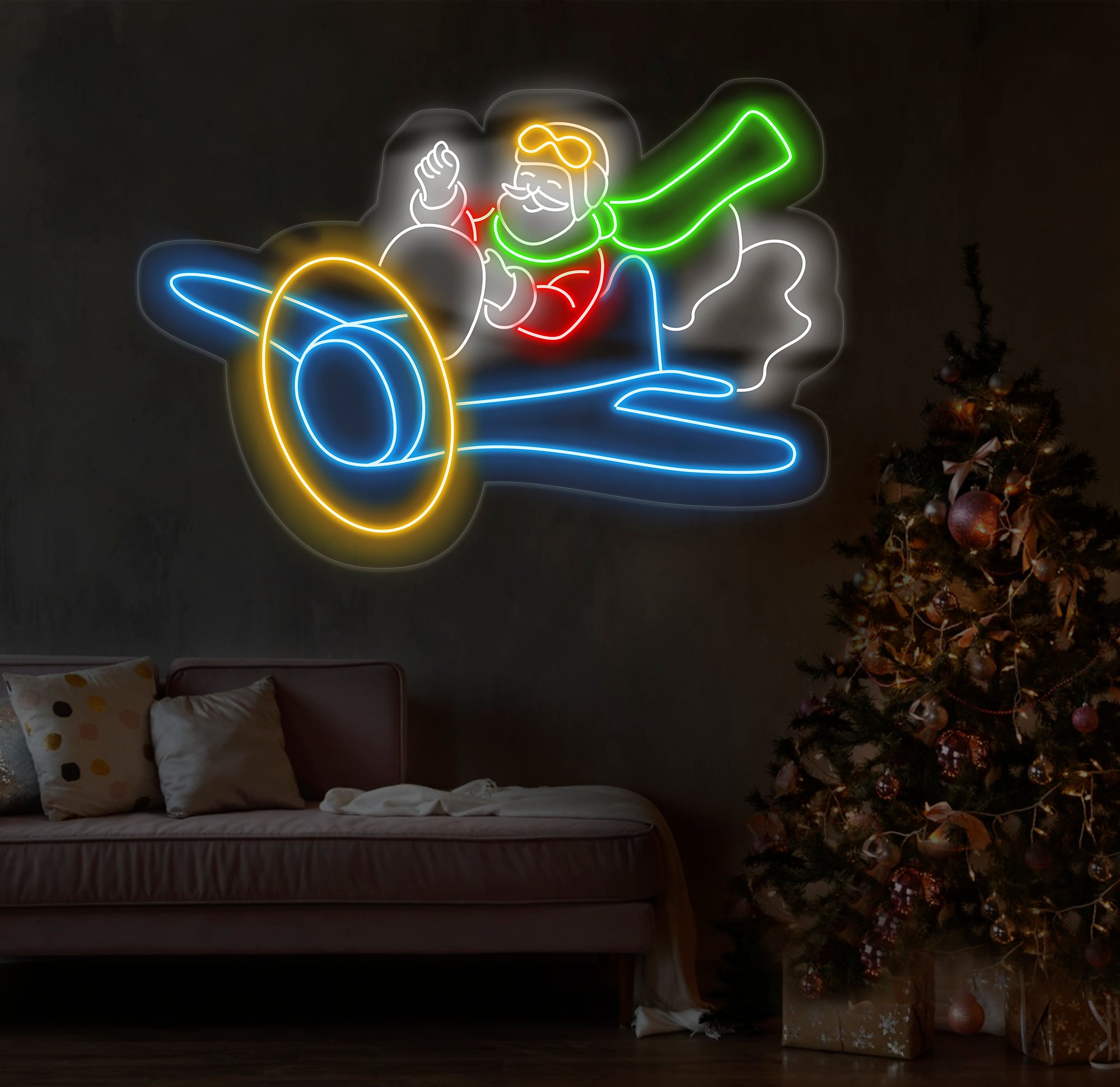 Santa Flying Red Airplane Neon Sign - Merry Christmas LED Sign, Santa Claus Wall Art, Festive LED Light, Christmas House Wall Decor