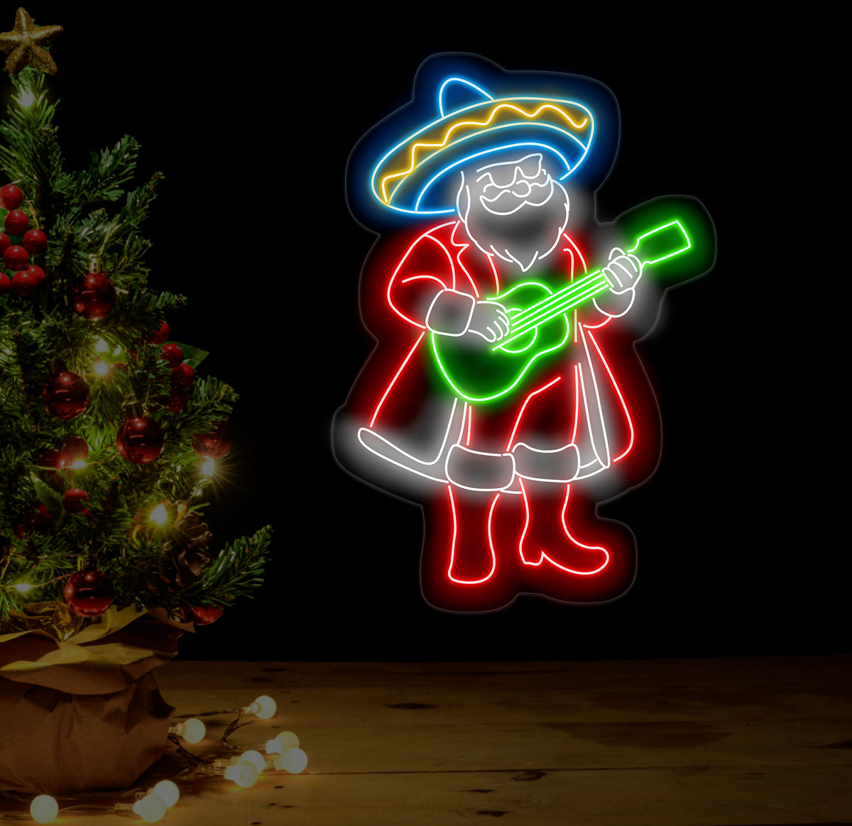 Mexican Santa Neon Sign - Merry Christmas LED Light, Santa Claus with Sombrero Neon Sign, Festive Christmas Wall Art, House Wall Decor