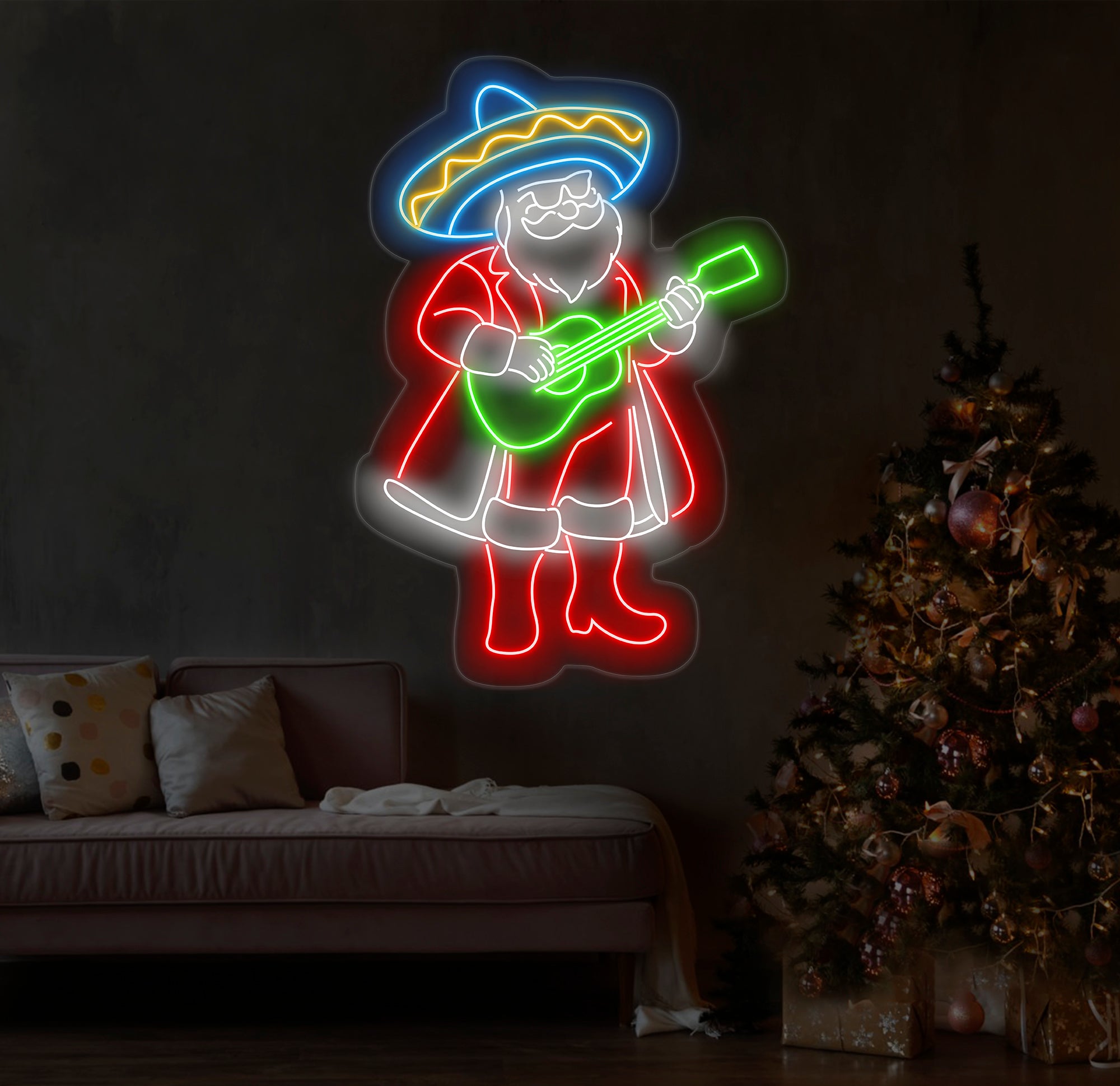 Mexican Santa Neon Sign - Merry Christmas LED Light, Santa Claus with Sombrero Neon Sign, Festive Christmas Wall Art, House Wall Decor