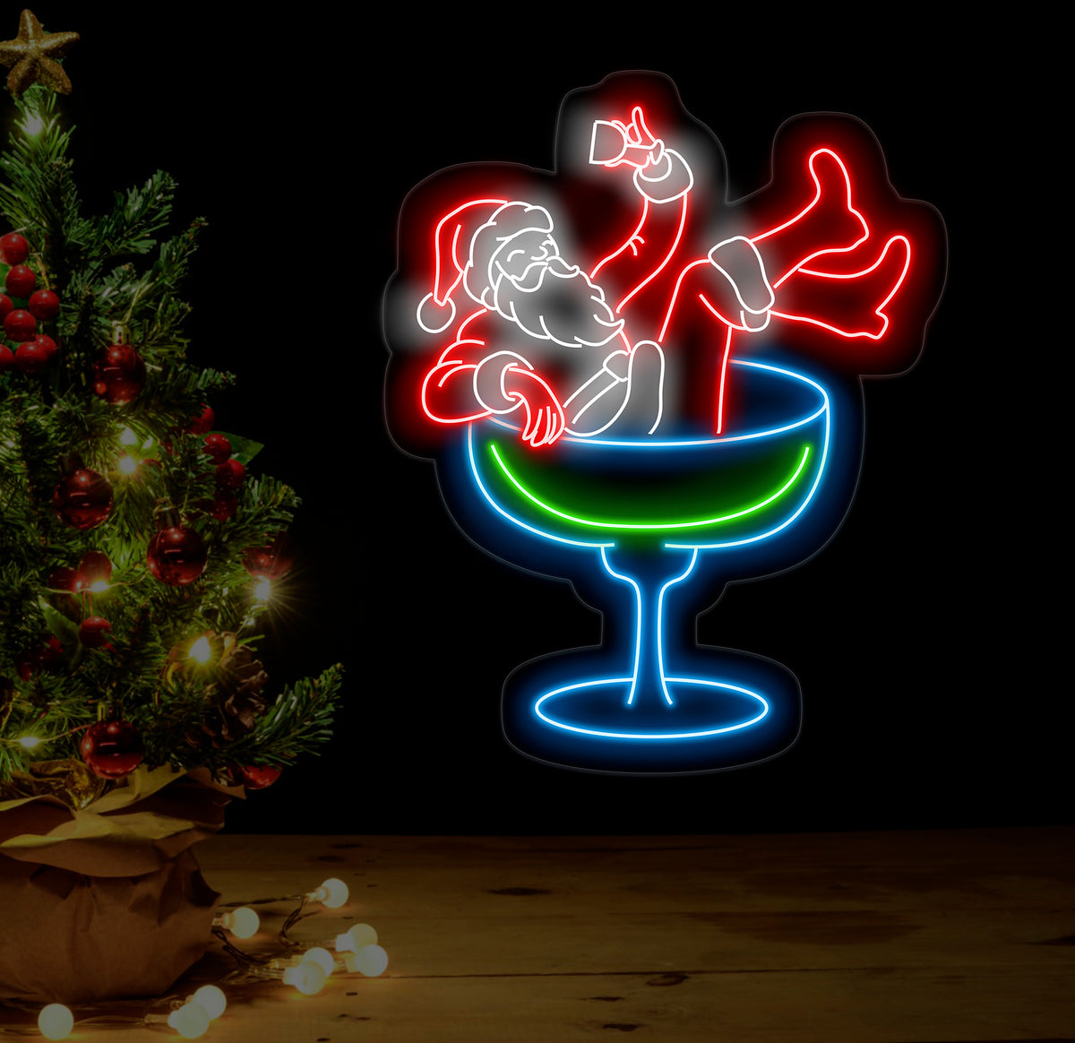 Santa Drinking Martini Neon Sign - Merry Christmas LED Light, Santa Claus Neon Sign, Martini Cocktail Wall Art, Festive House Wall Decor