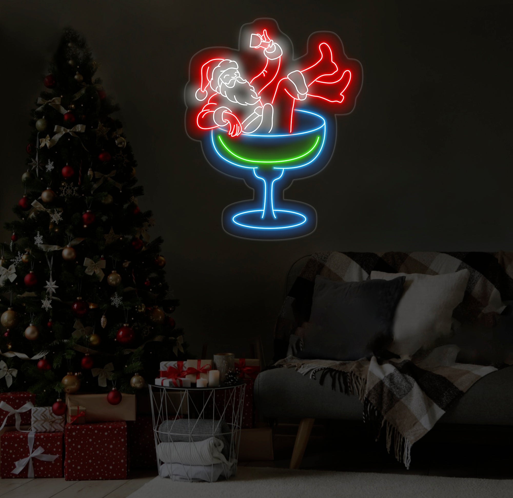 Santa Drinking Martini Neon Sign - Merry Christmas LED Light, Santa Claus Neon Sign, Martini Cocktail Wall Art, Festive House Wall Decor