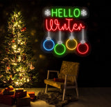 Hello Winter Neon Sign - Merry Christmas LED Light, Christmas Quote Wall Art, Winter Neon Sign for House Wall Decor, Festive Holiday Decor