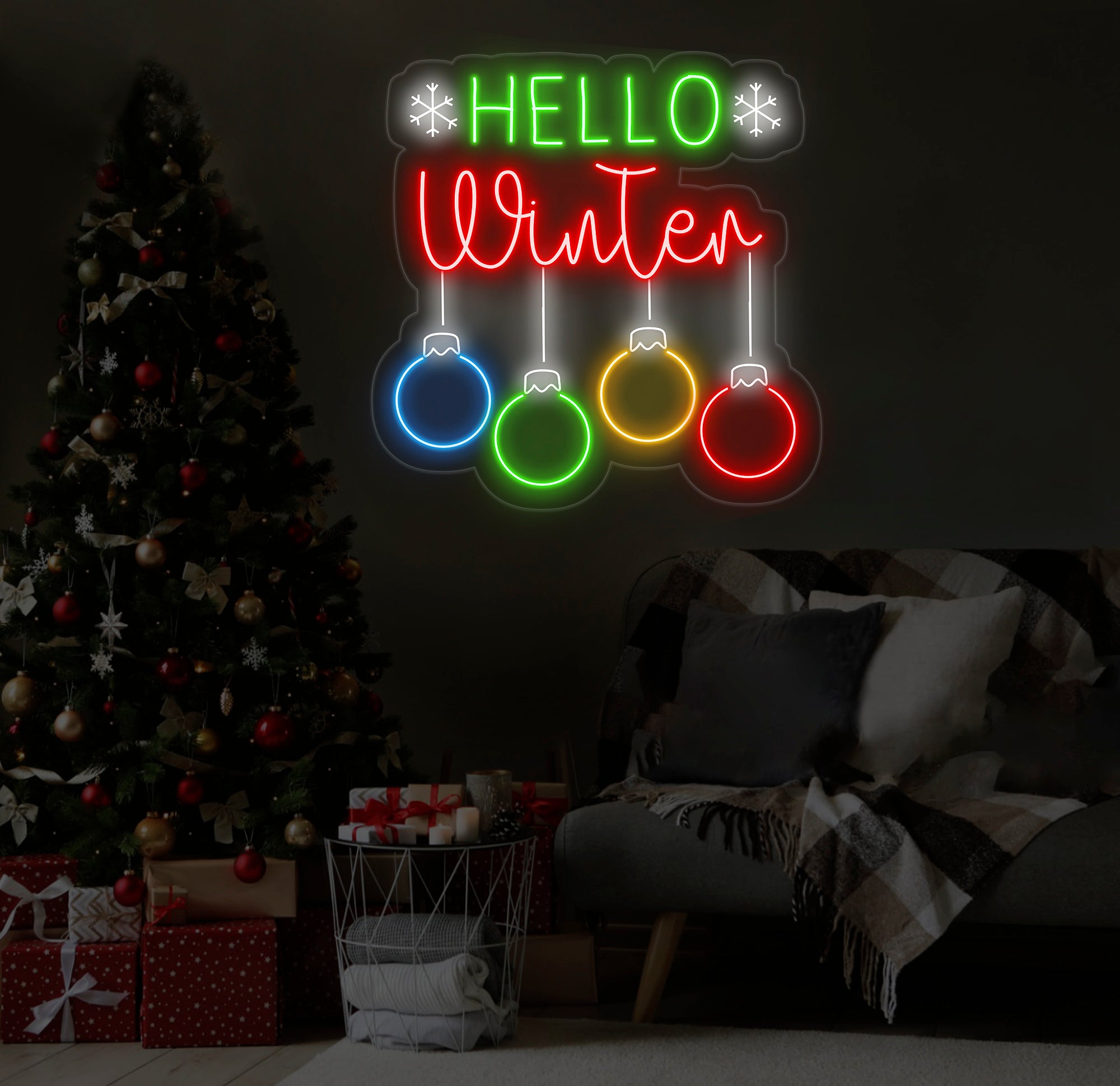 Hello Winter Neon Sign - Merry Christmas LED Light, Christmas Quote Wall Art, Winter Neon Sign for House Wall Decor, Festive Holiday Decor