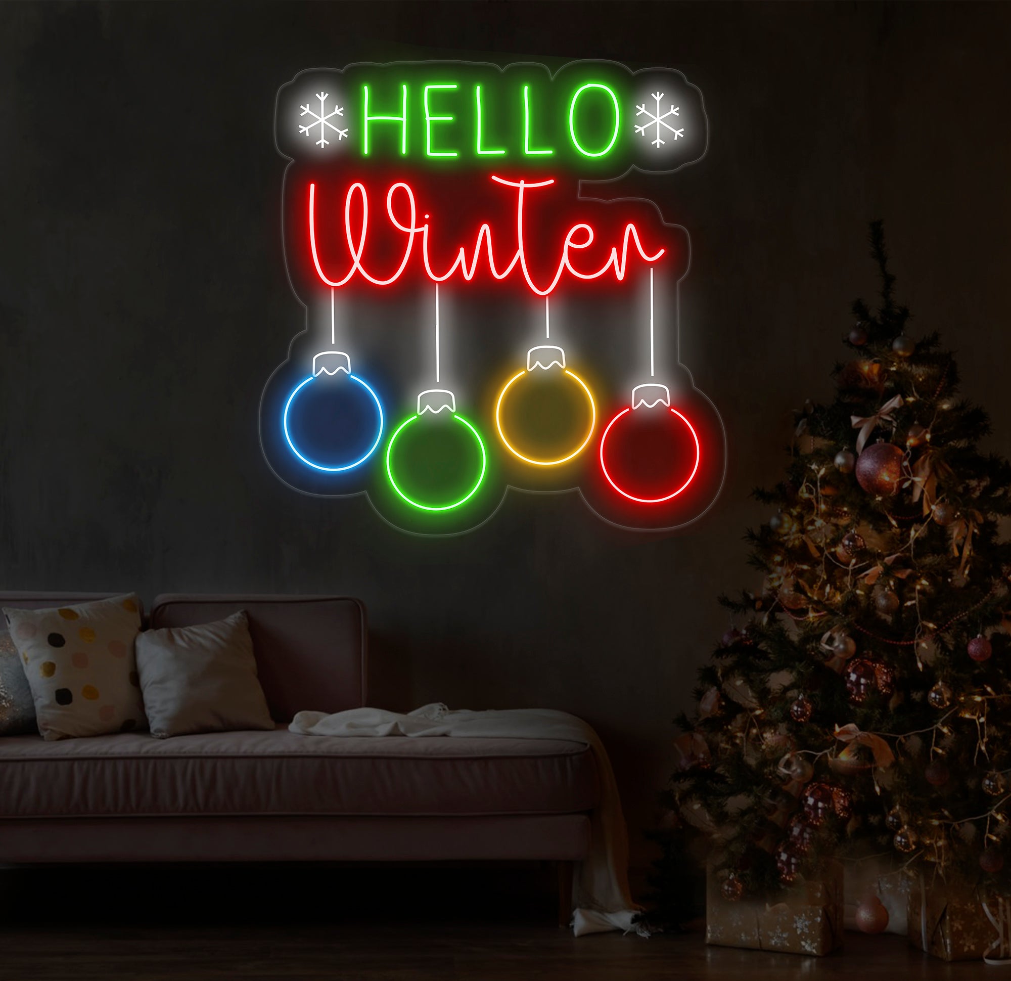 Hello Winter Neon Sign - Merry Christmas LED Light, Christmas Quote Wall Art, Winter Neon Sign for House Wall Decor, Festive Holiday Decor