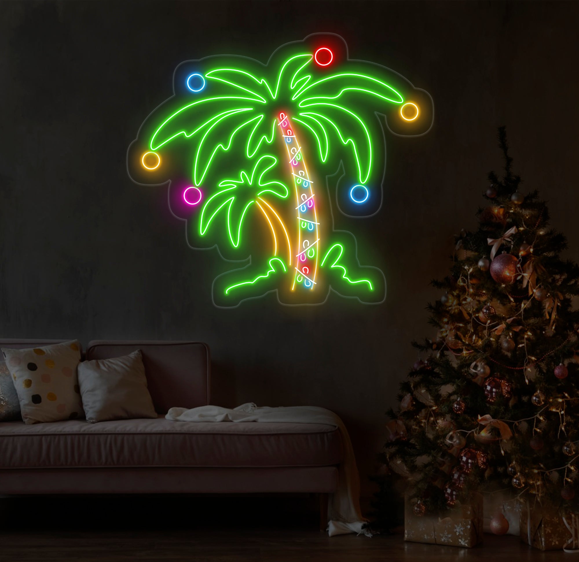Christmas Palm Tree Neon Sign - Merry Christmas LED Light, Palm Tree Christmas Wall Art, Festive LED Tree Light, Holiday House Wall Decor