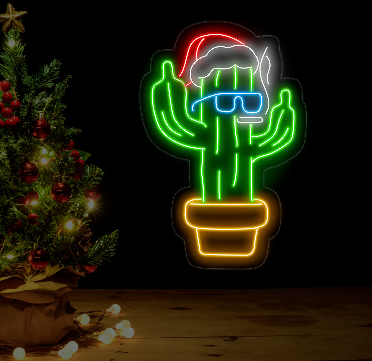 Smoking Cactus Christmas Neon Sign - Funny Santa Hat LED Light, Custom Holiday Wall Decor, Cool Cactus Smoking Neon Art for Home or Bar