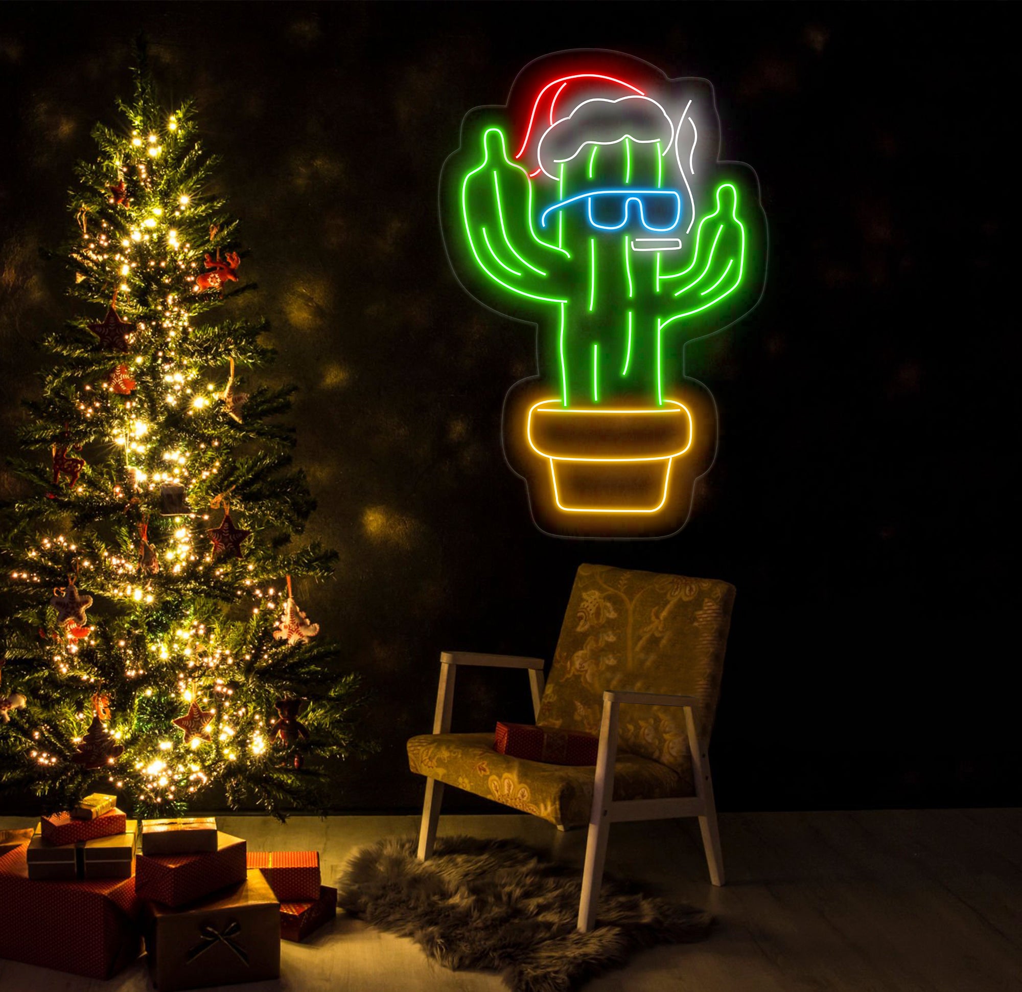 Smoking Cactus Christmas Neon Sign - Funny Santa Hat LED Light, Custom Holiday Wall Decor, Cool Cactus Smoking Neon Art for Home or Bar