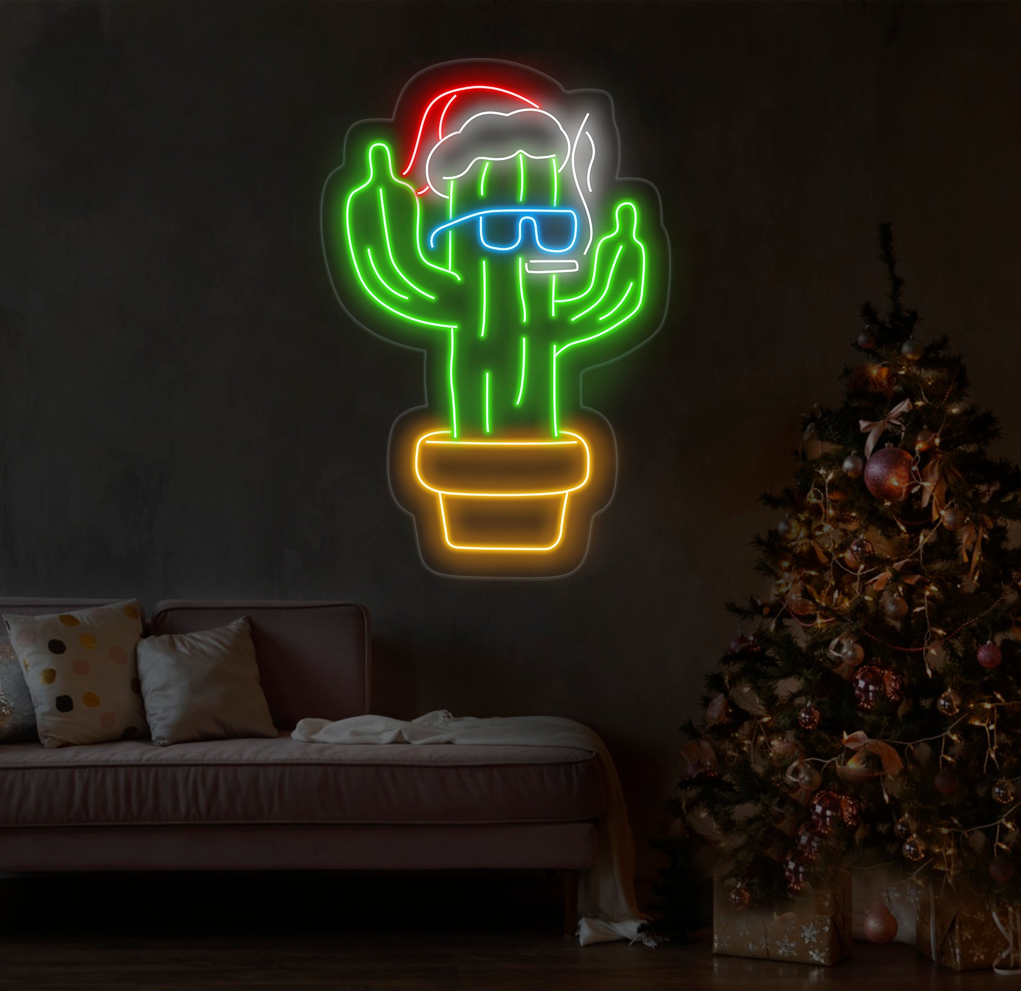 Smoking Cactus Christmas Neon Sign - Funny Santa Hat LED Light, Custom Holiday Wall Decor, Cool Cactus Smoking Neon Art for Home or Bar