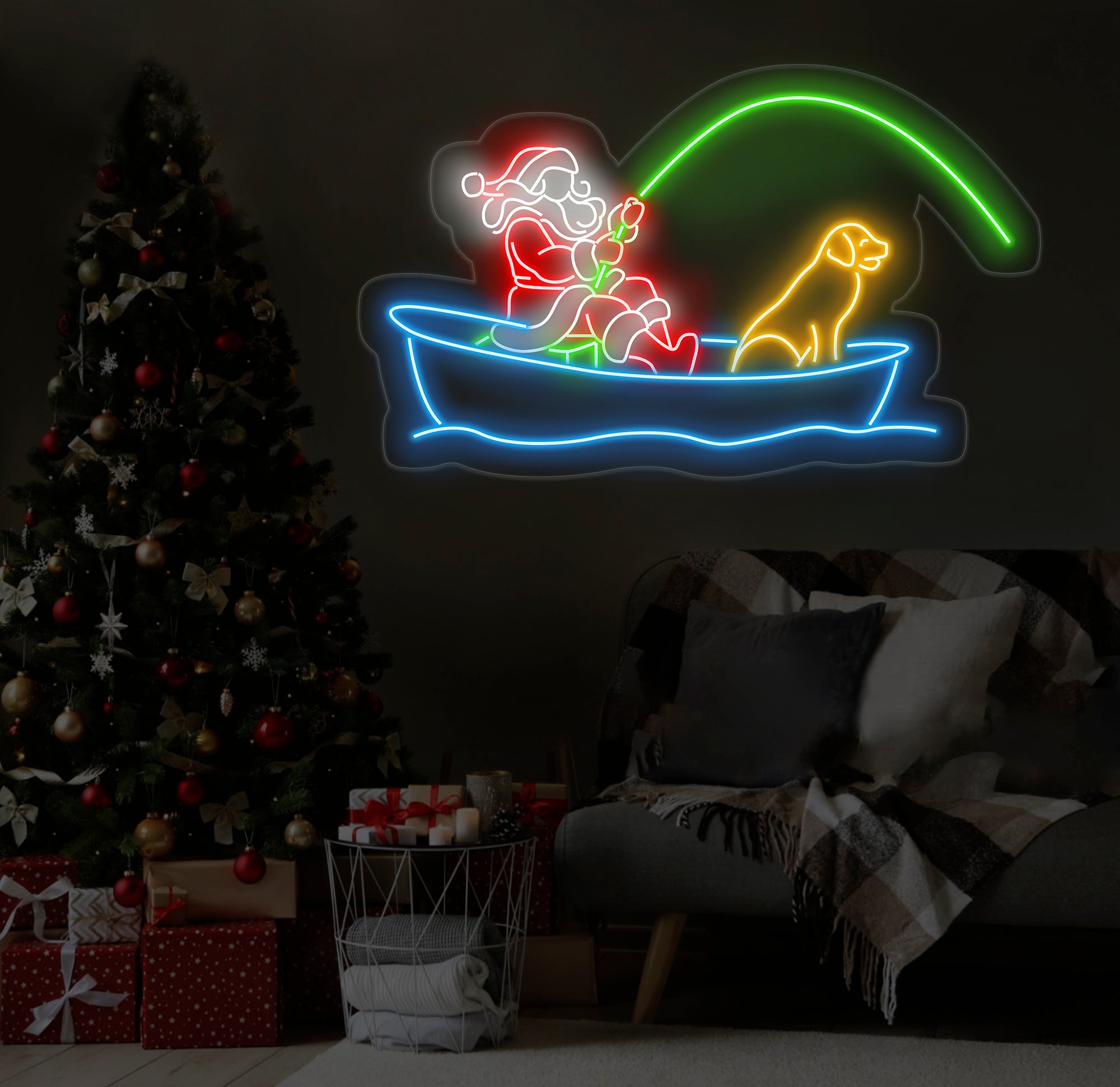 Santa Fishing Neon Sign - Merry Christmas LED Light, Santa Claus Wall Art, Festive Santa Neon Sign, Holiday House Wall Decor
