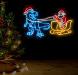 T-Rex Pulling Santa Sleigh Neon Sign - Christmas Dinosaur LED Light, Fun Santa and Dinosaur Neon Art, Festive Holiday Wall Decor