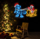T-Rex Pulling Santa Sleigh Neon Sign - Christmas Dinosaur LED Light, Fun Santa and Dinosaur Neon Art, Festive Holiday Wall Decor