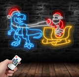 T-Rex Pulling Santa Sleigh Neon Sign - Christmas Dinosaur LED Light, Fun Santa and Dinosaur Neon Art, Festive Holiday Wall Decor