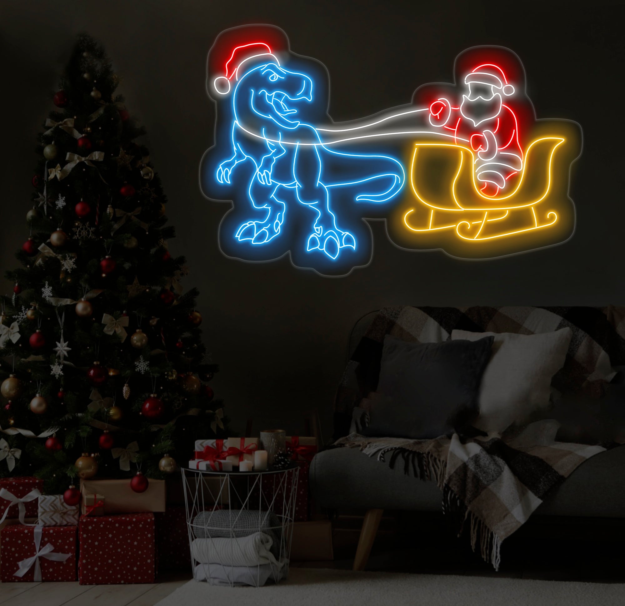 T-Rex Pulling Santa Sleigh Neon Sign - Christmas Dinosaur LED Light, Fun Santa and Dinosaur Neon Art, Festive Holiday Wall Decor