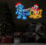 T-Rex Pulling Santa Sleigh Neon Sign - Christmas Dinosaur LED Light, Fun Santa and Dinosaur Neon Art, Festive Holiday Wall Decor