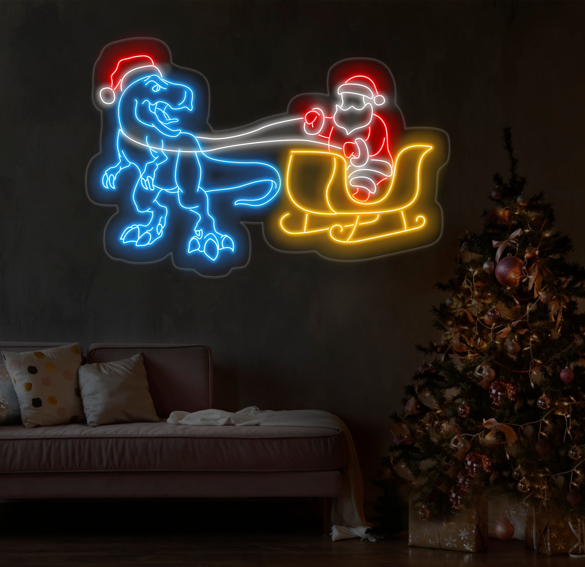 T-Rex Pulling Santa Sleigh Neon Sign - Christmas Dinosaur LED Light, Fun Santa and Dinosaur Neon Art, Festive Holiday Wall Decor