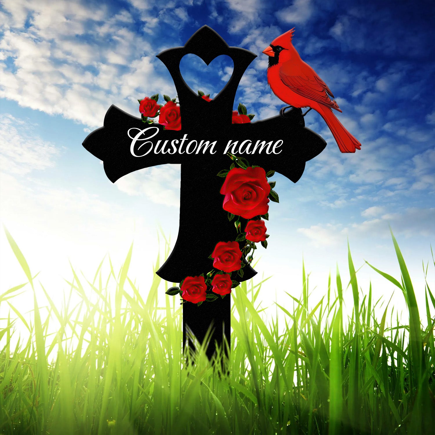 Custom Cardinal Cross Memorial Plaque Stake, Cardinal Name Sign, Grave Marker Sign, Sympathy Plaque, Garden Metal Stake, Sympathy Gift