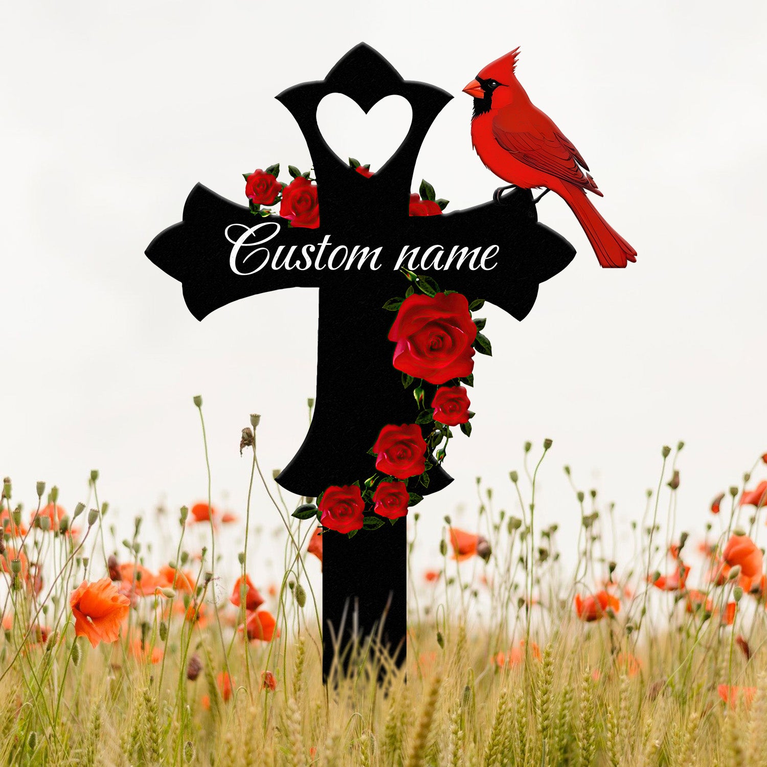 Custom Cardinal Cross Memorial Plaque Stake, Cardinal Name Sign, Grave Marker Sign, Sympathy Plaque, Garden Metal Stake, Sympathy Gift