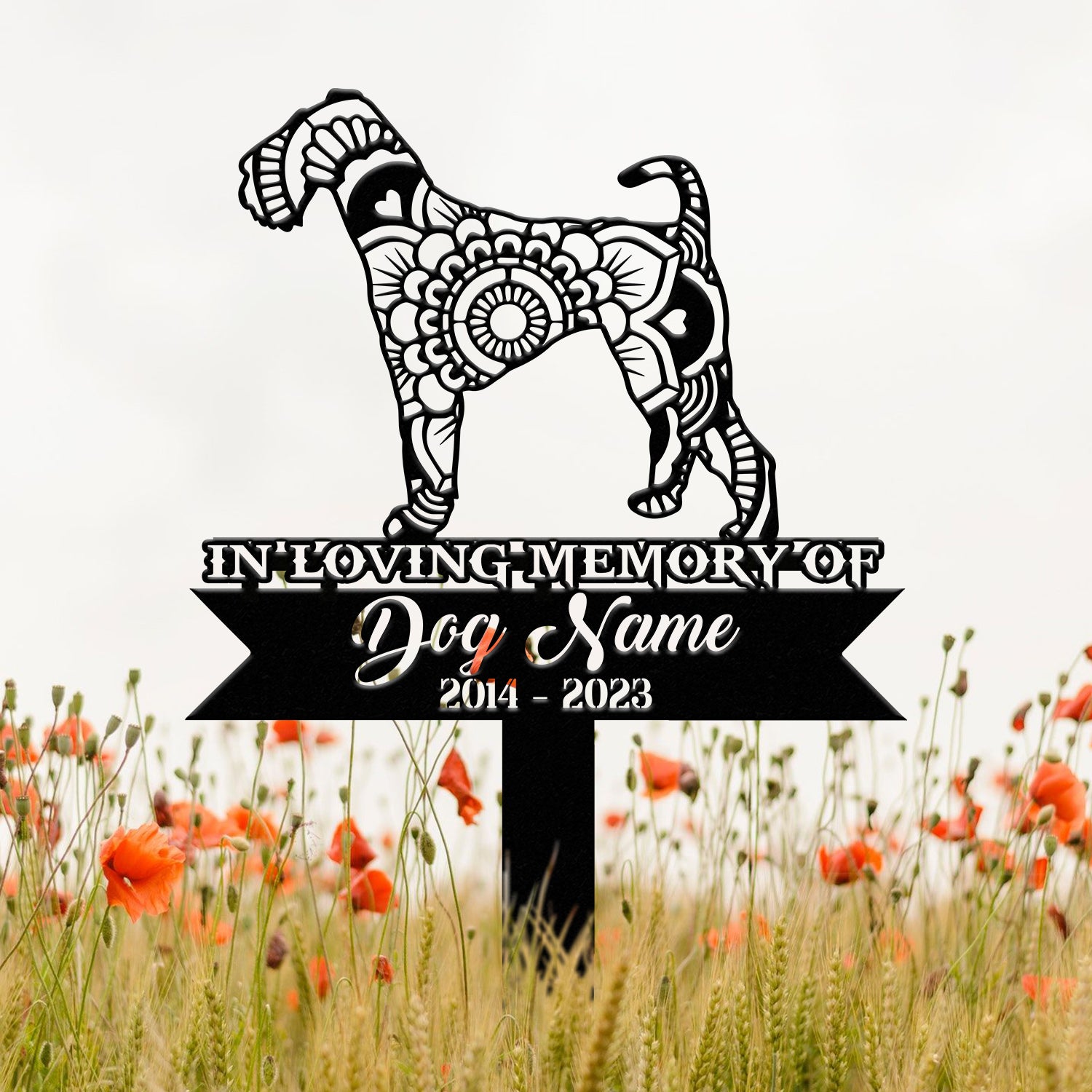 Personalized Airedale Terrier Mandala Garden Stake, Zentangle Yard Art, Dog Memorial Sign, Outdoor Decor, Pet Loss Sympathy Gift