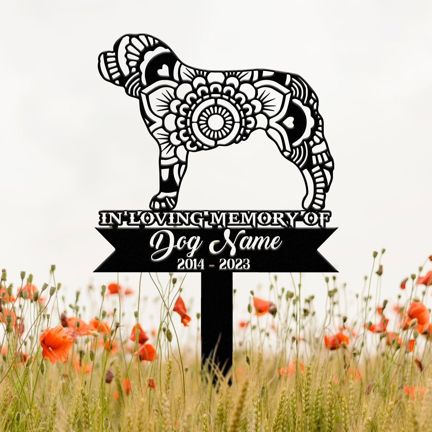 Personalized Saint Bernard Mandala Garden Stake, Zentangle Yard Art, Dog Memorial Sign, Outdoor Decor, Pet Loss Sympathy Gift
