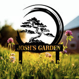 Personalized Bonsai Tree Garden Sign with Stake, Custom Metal Garden Stake, Asian Yard Art, Metal Yard Decor, Garden Sign