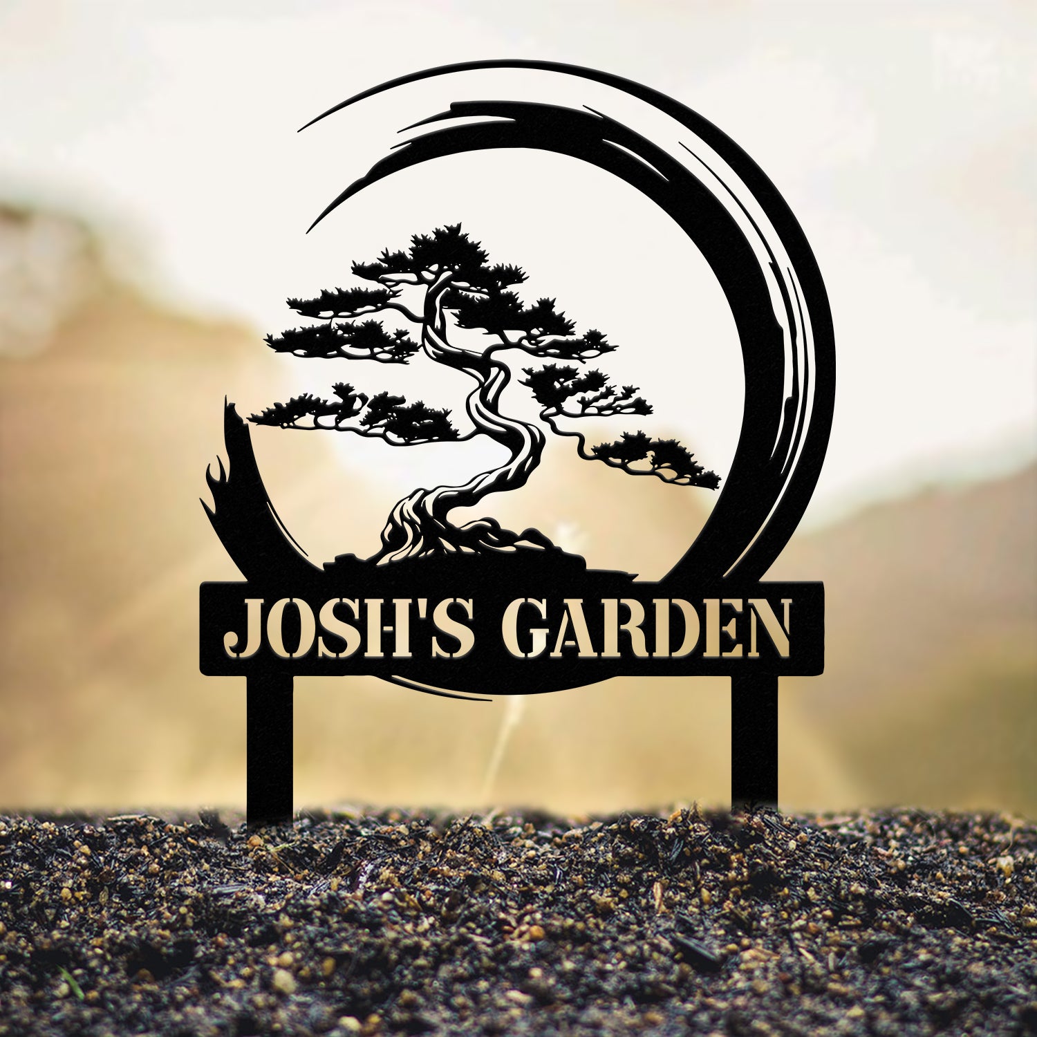 Personalized Bonsai Tree Garden Sign with Stake, Custom Metal Garden Stake, Asian Yard Art, Metal Yard Decor, Garden Sign