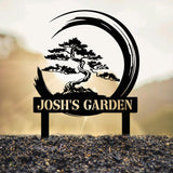 Personalized Bonsai Tree Garden Sign with Stake, Custom Metal Garden Stake, Asian Yard Art, Metal Yard Decor, Garden Sign