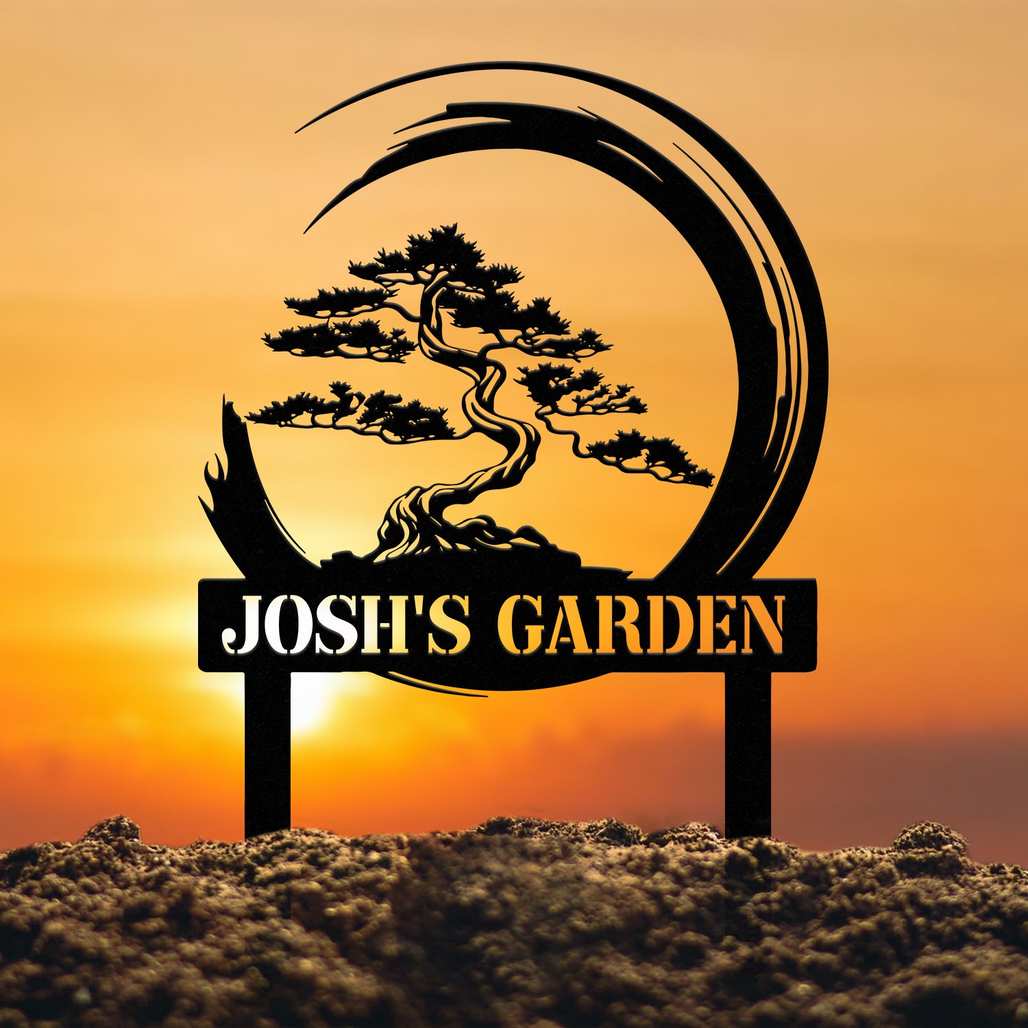 Personalized Bonsai Tree Garden Sign with Stake, Custom Metal Garden Stake, Asian Yard Art, Metal Yard Decor, Garden Sign
