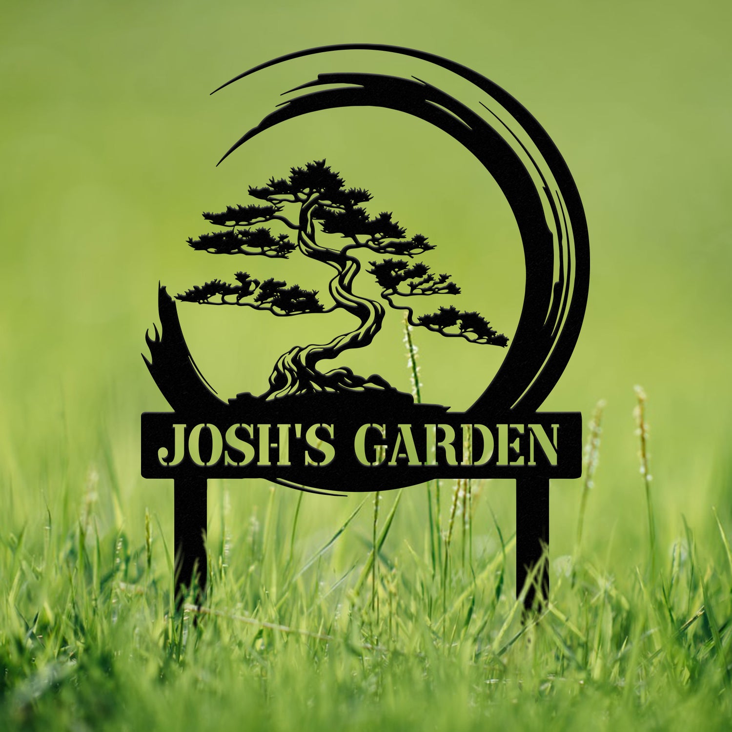 Personalized Bonsai Tree Garden Sign with Stake, Custom Metal Garden Stake, Asian Yard Art, Metal Yard Decor, Garden Sign