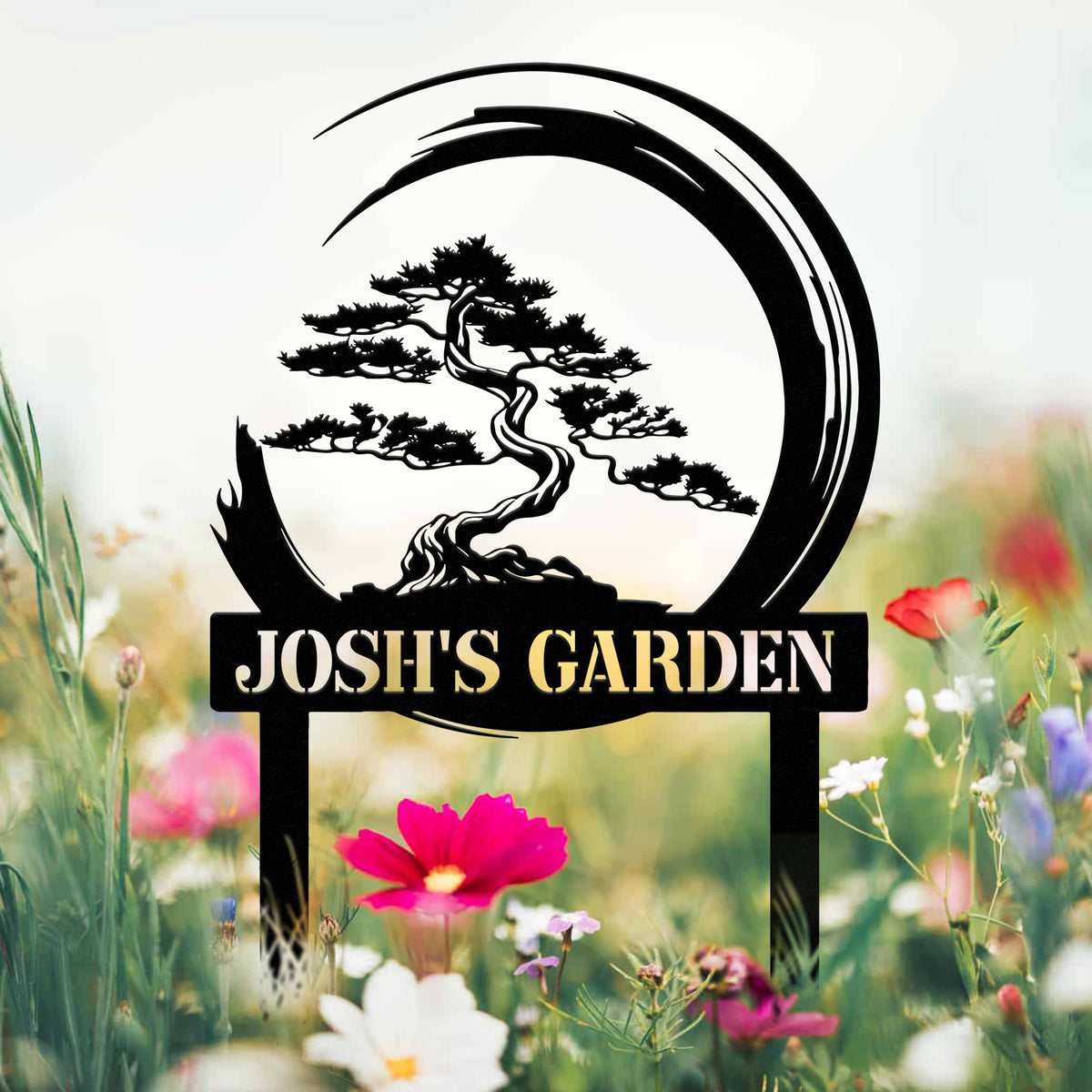Personalized Bonsai Tree Garden Sign with Stake, Custom Metal Garden Stake, Asian Yard Art, Metal Yard Decor, Garden Sign