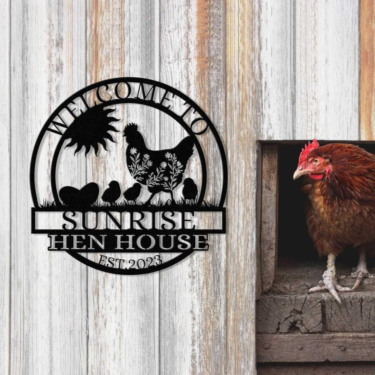 Welcome To Sunrise Hen House Sign, Personalized Chicken Farm Sign, Family Name Metal Sign for Farm House, Our Little Coop Sign Metal Sign
