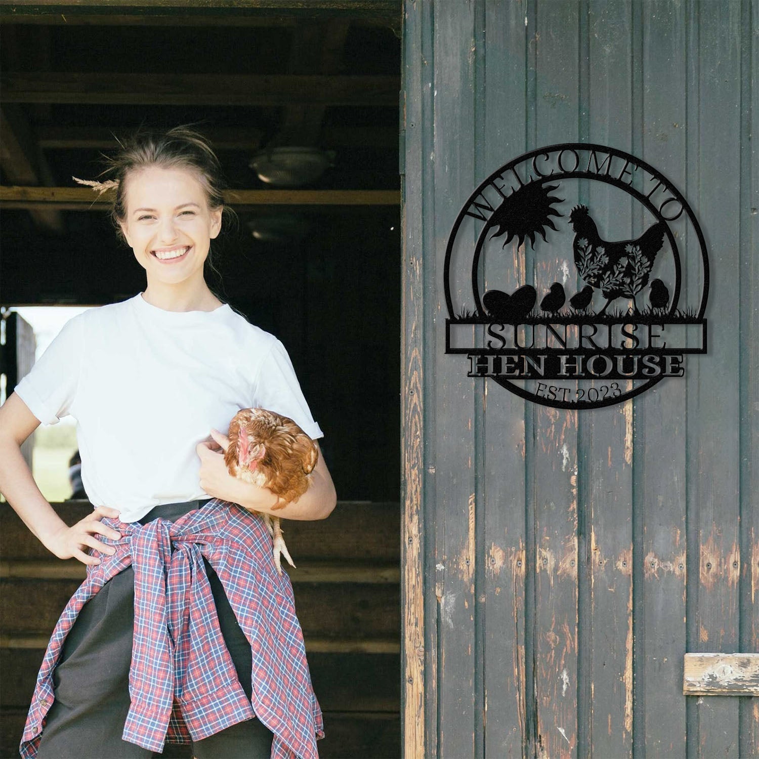 Welcome To Sunrise Hen House Sign, Personalized Chicken Farm Sign, Family Name Metal Sign for Farm House, Our Little Coop Sign Metal Sign