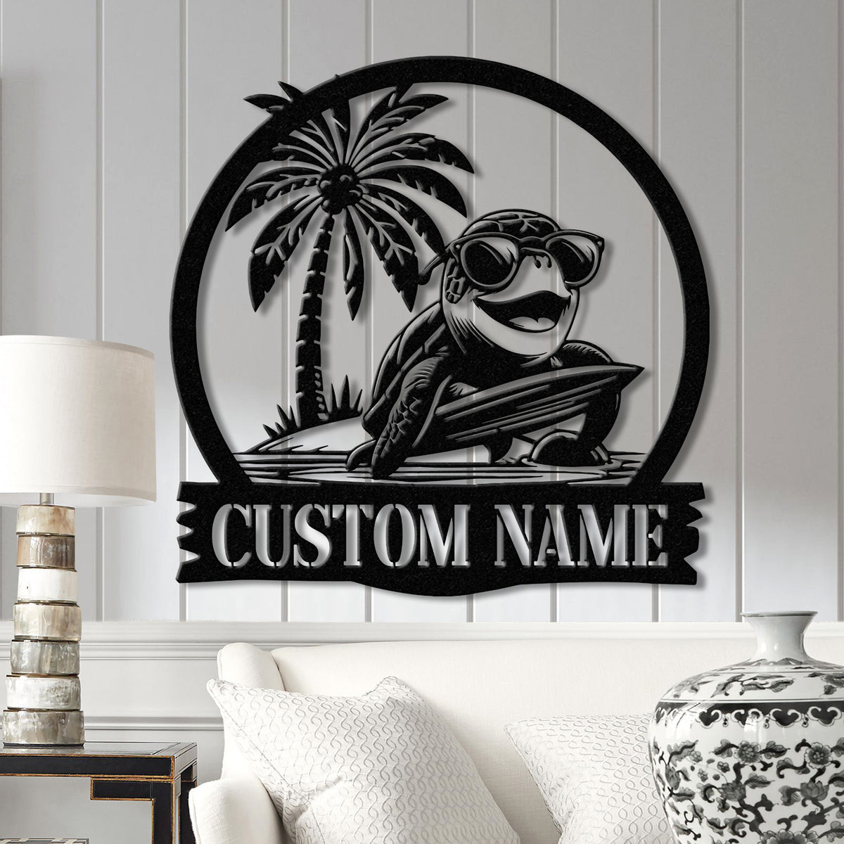 Custom Sea Turtle Surfing Metal Sign With Led Lights, Personalized Beach Sign, Family Name Sign, Outdoor Name Sign, Wedding Gift