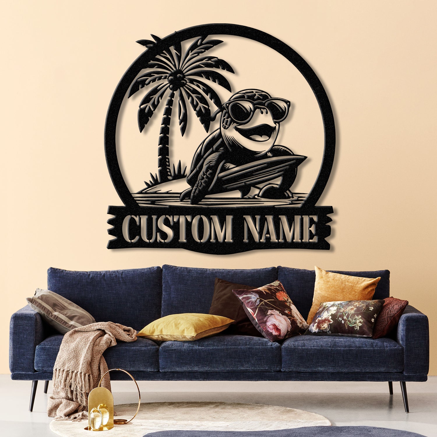 Custom Sea Turtle Surfing Metal Sign With Led Lights, Personalized Beach Sign, Family Name Sign, Outdoor Name Sign, Wedding Gift