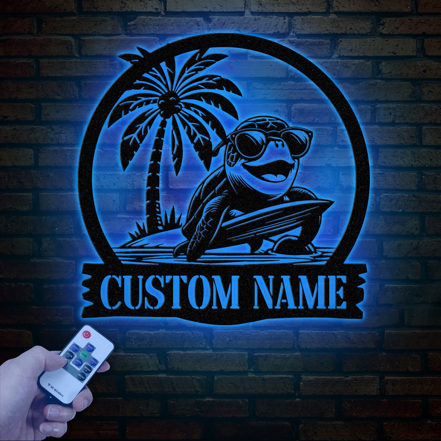Custom Sea Turtle Surfing Metal Sign With Led Lights, Personalized Beach Sign, Family Name Sign, Outdoor Name Sign, Wedding Gift